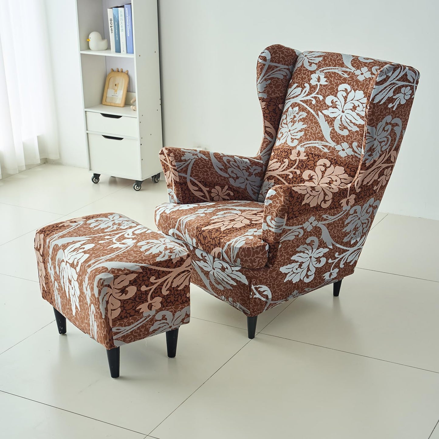 Buy Rich Chocolate Damask Floral Stretchable Wingback Chair & Footstool Cover