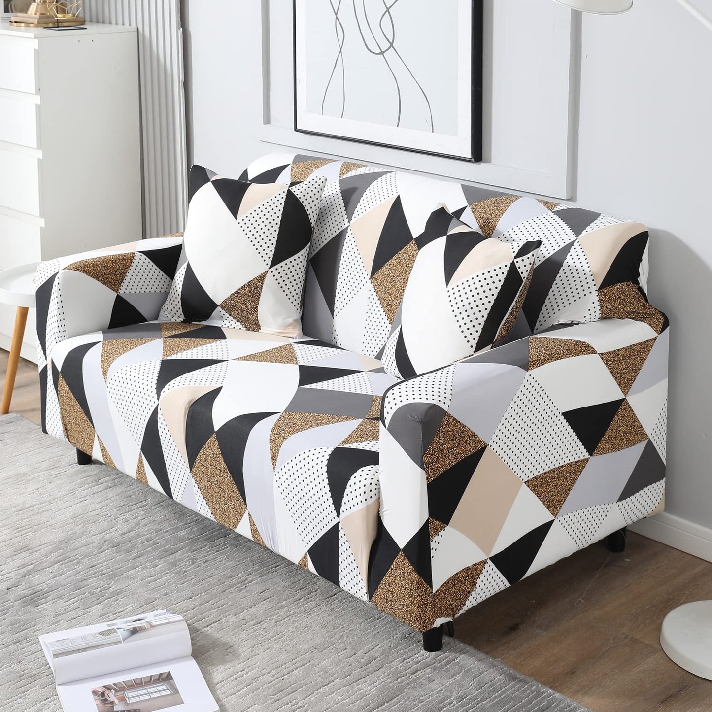 Grey Brown Geometric non slip elastic 2 seater sofa cover