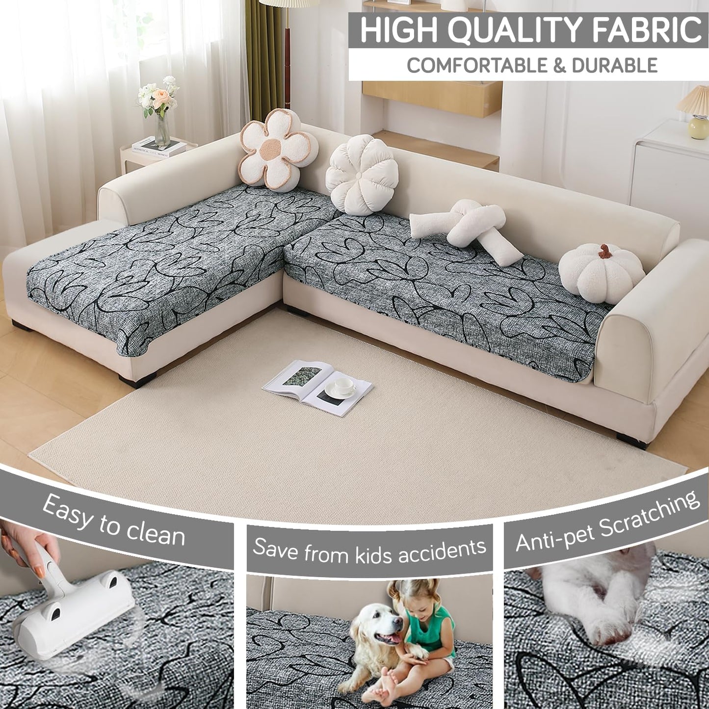 Waterproof Printed Quilted Quick Dry L Shape Sofa Seat Cover Mat, Intense Grey Abstract Floral