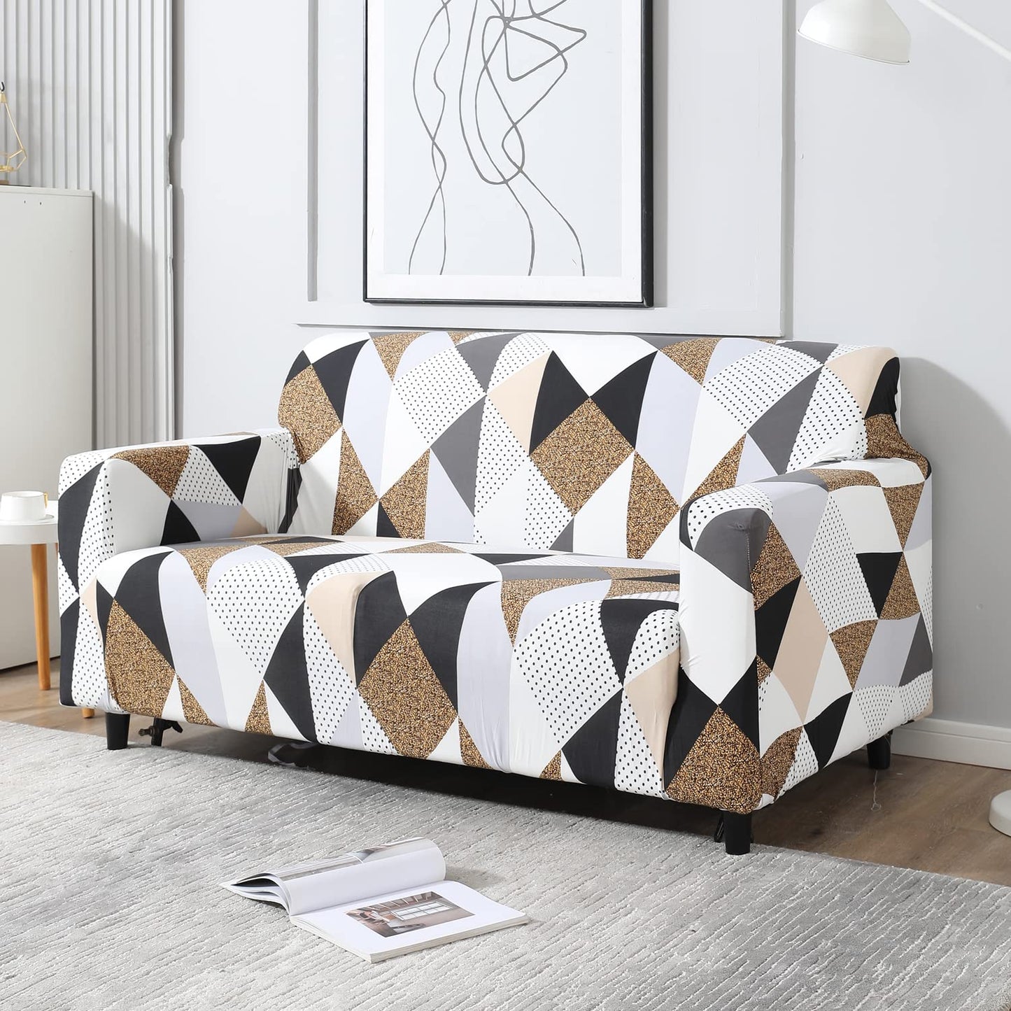 Grey Brown Geometric elastic 3 seater sofa covers