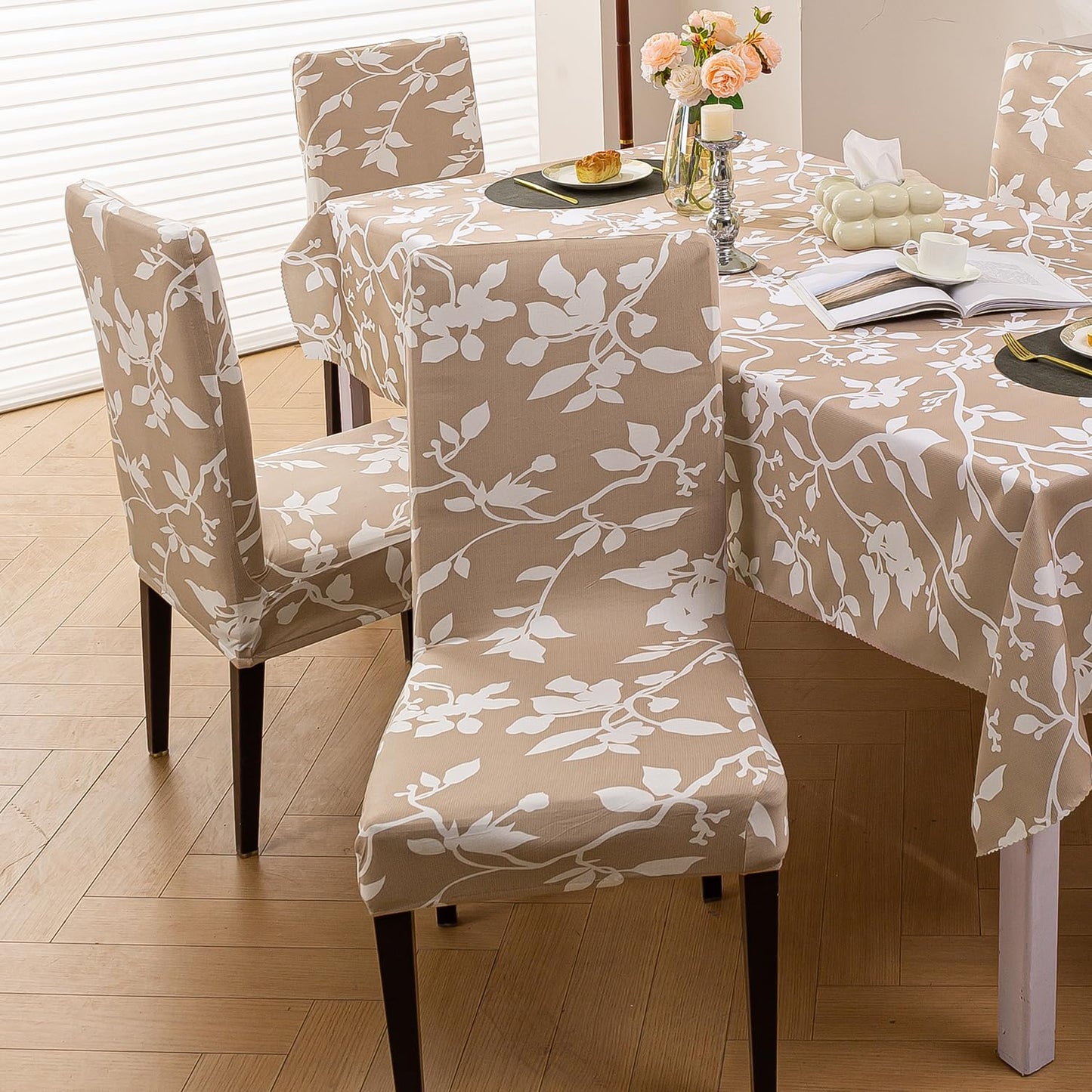 Elastic Dining Chair Covers with Matching Tablecloth, Buff Brown Sillehoute Floral