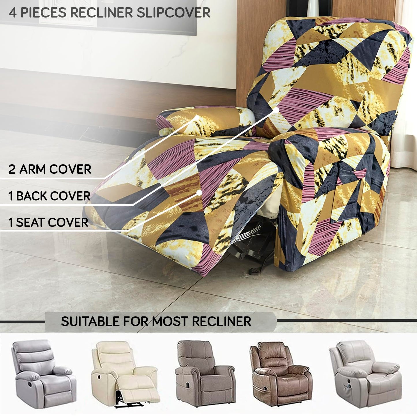 Elastic Stretchable Printed 140gsm Fully Covered Recliner Sofa Cover, Wine Abstract Geometry