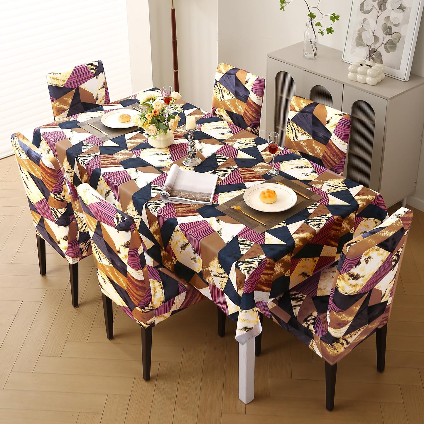 HOKIPO Elastic Dining Chair Covers with Matching Tablecloth, Wine Abstract Geometry