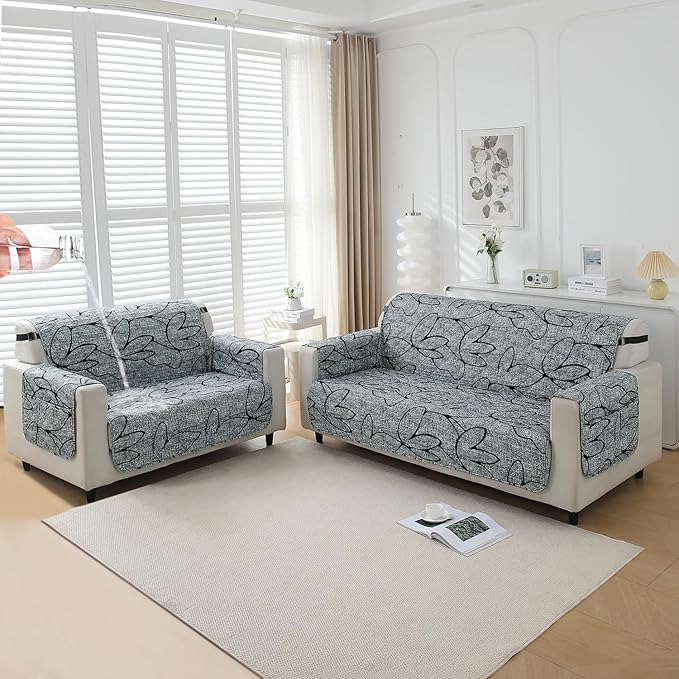 Waterproof & Quick-Dry Quilted Sofa Cover with Pockets on Armrest, Intense Grey Abstract Floral