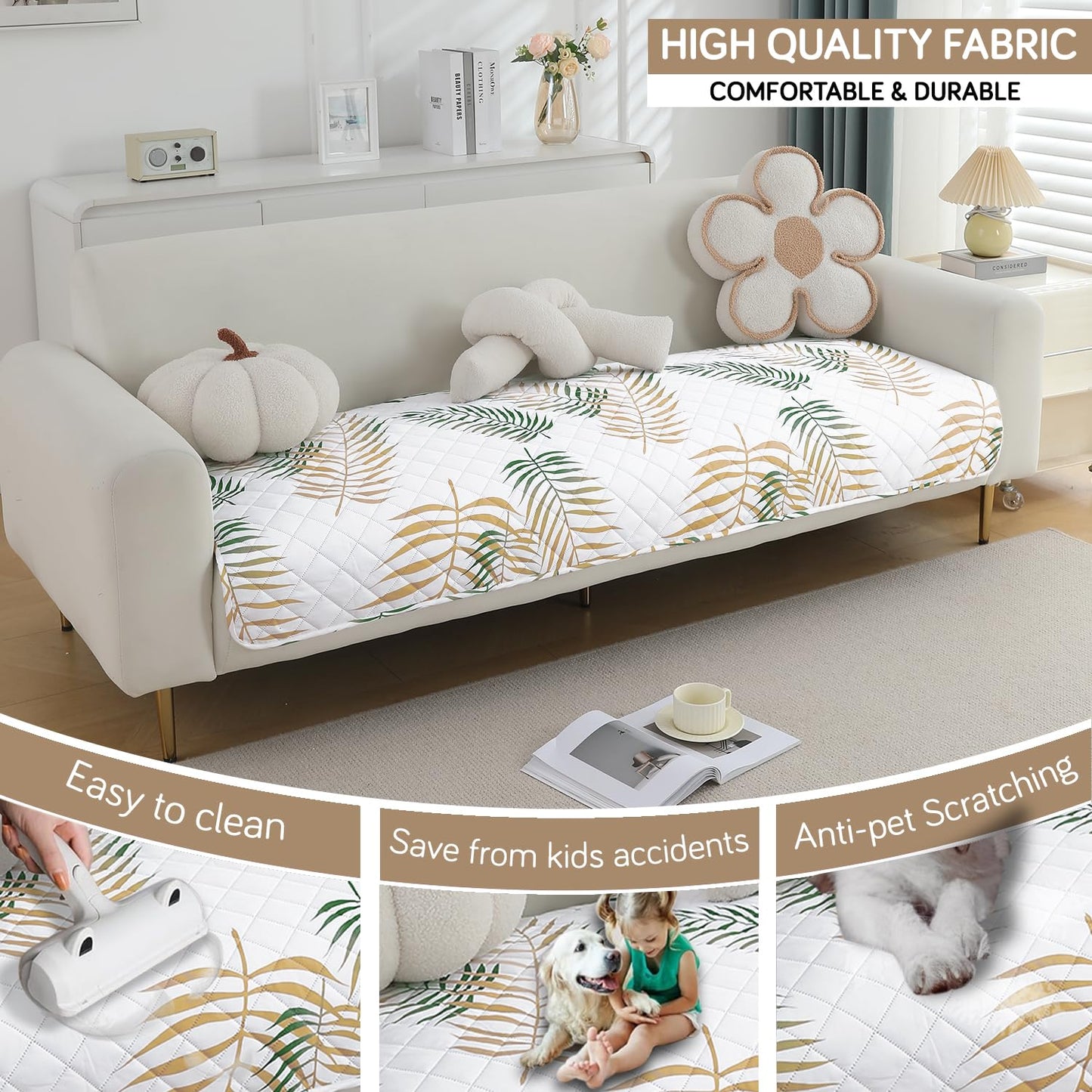 Quilted, Waterproof and Anti-Slip Sofa Cover Mat, Palm Leaves Forest Green