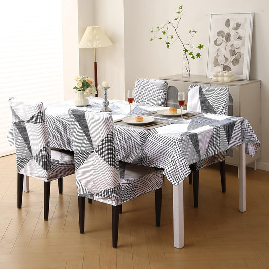 Elastic Dining Chair Covers with Matching Tablecloth, Snow White Black Geometry