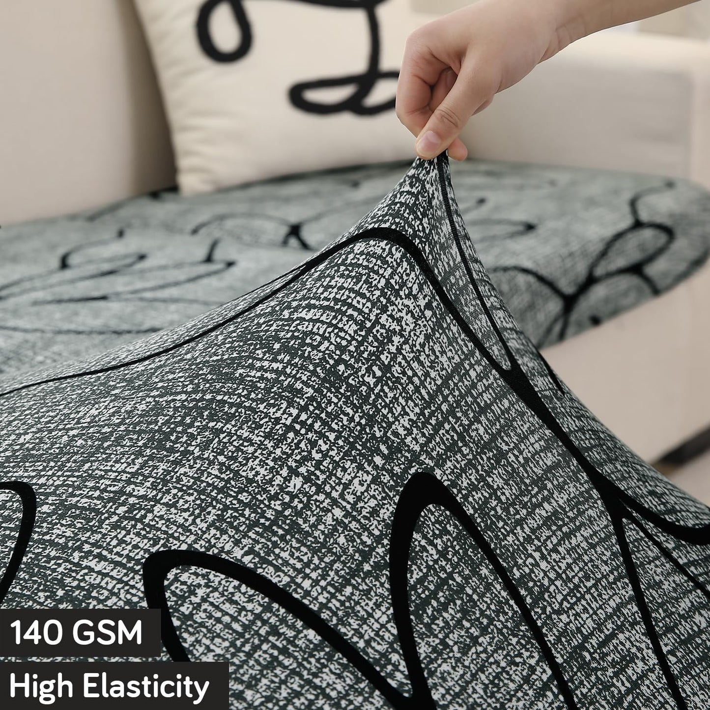 140 GSM Stretchable Printed Elastic Sofa Cushion Seat Cover for 1 /2 /3 Seaters / Pieces for Sofa, Intense Grey Abstract Floral