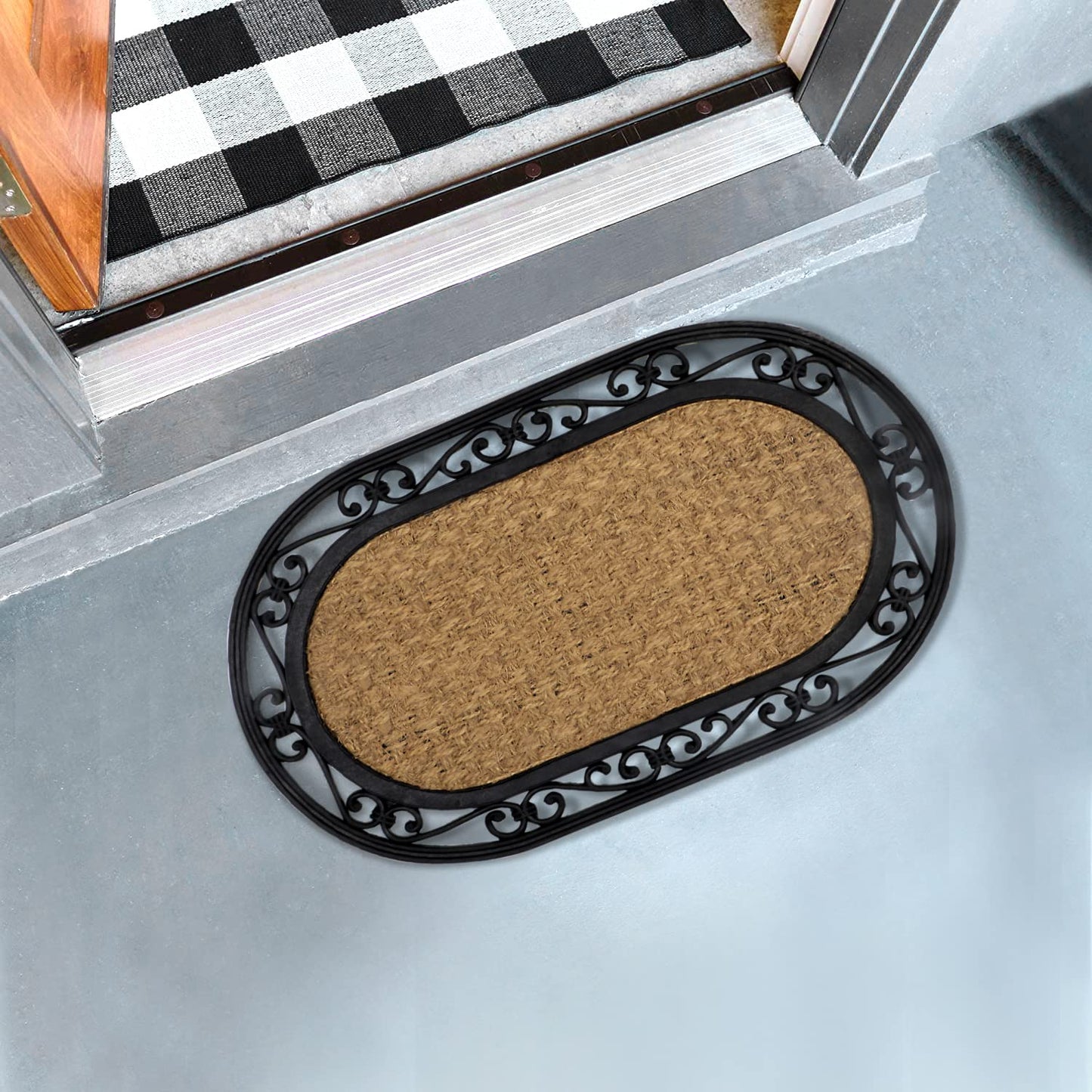 Natural Rubber Coir Doormat with Designer Border, Anti-Slip Rubber Backing, 45x75 cm