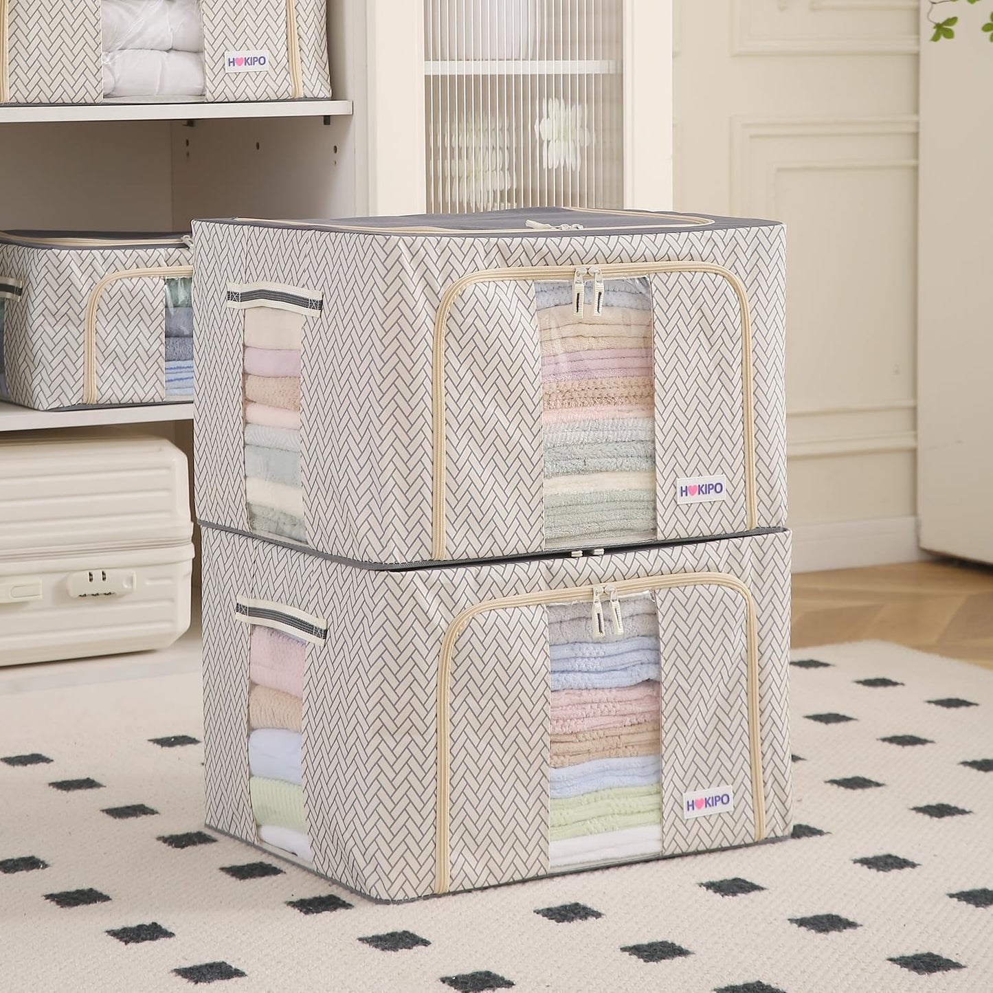 Wardrobe Organizer Storage Box | Foldable Cloth Storage Boxes with Metal Frame & Window | 600D Oxford Fabric, Cream Mist