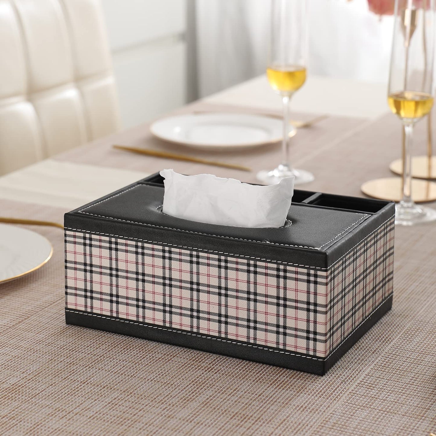 Faux Leather Tissue Storage Box with Compartment Remote Control Holder Desk Organizer