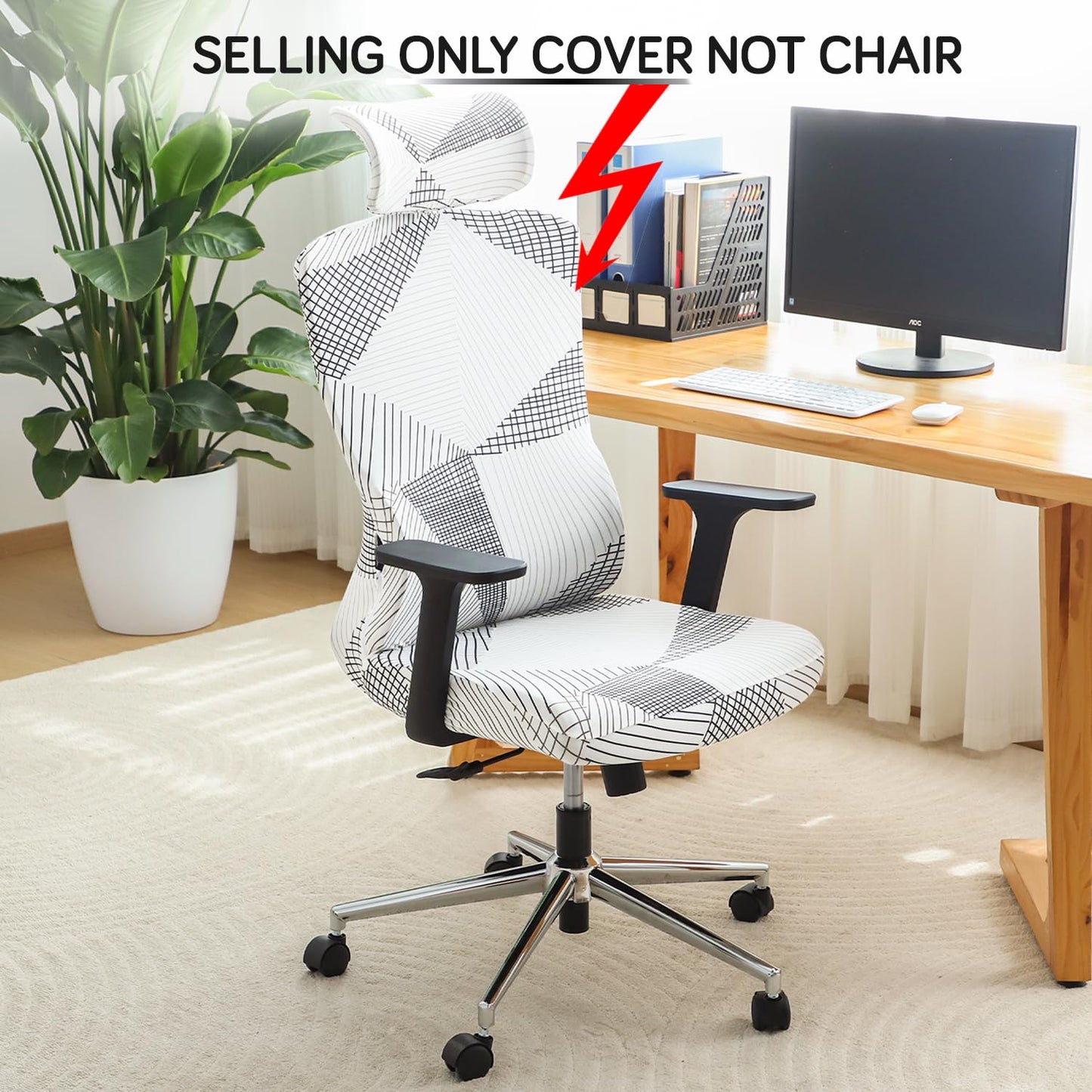 Office Chair Cover with Headrest and Elastic Chair Covers, Snow White Black Geometry