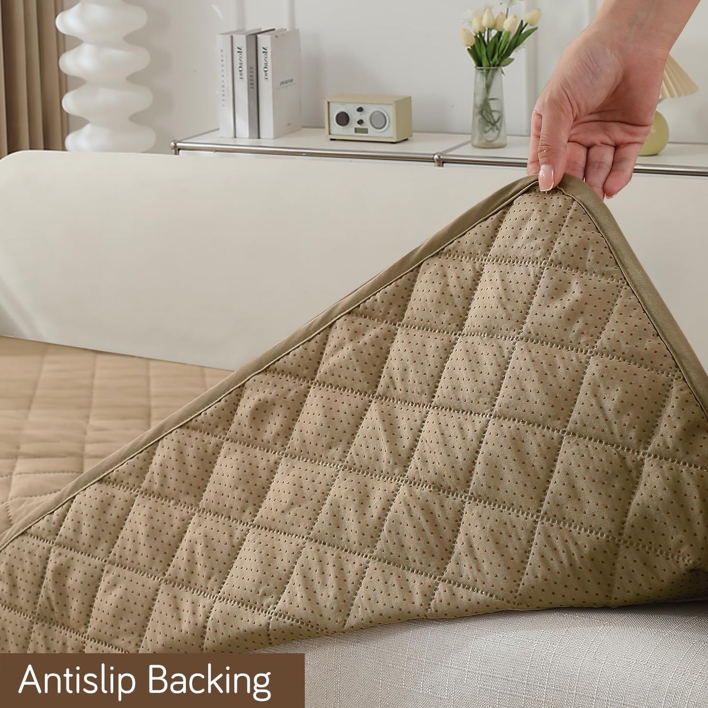 Quilted Waterproof Sofa Seat Mat for 1/2/3 Seater Sofa with 2 Armrest Covers with Pockets, Beige