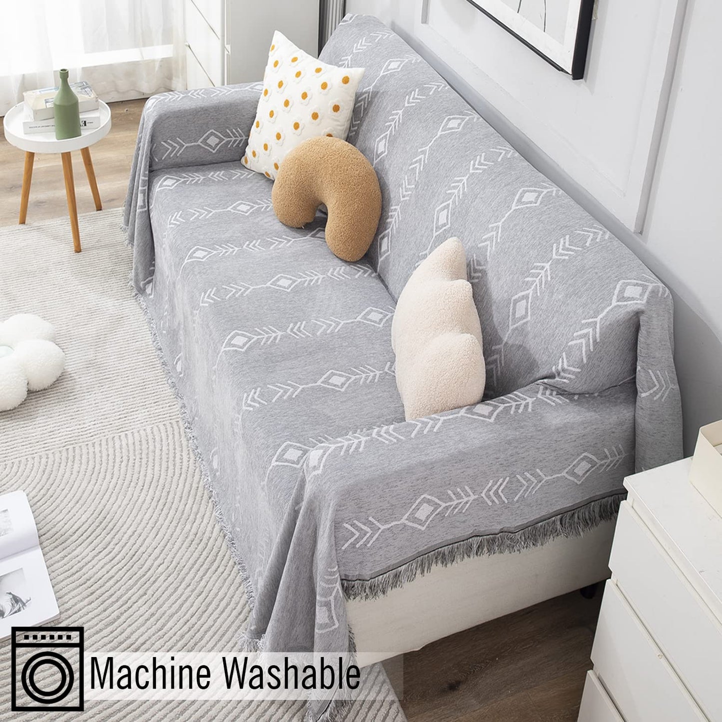 Thick, Soft and Pet Friendly Chenille Sofa Cover Throw, Grey Aztec