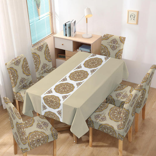 Polyester Dining Chair Covers Set of 4/6 with Matching Tablecloth, Mandala Sand Brown