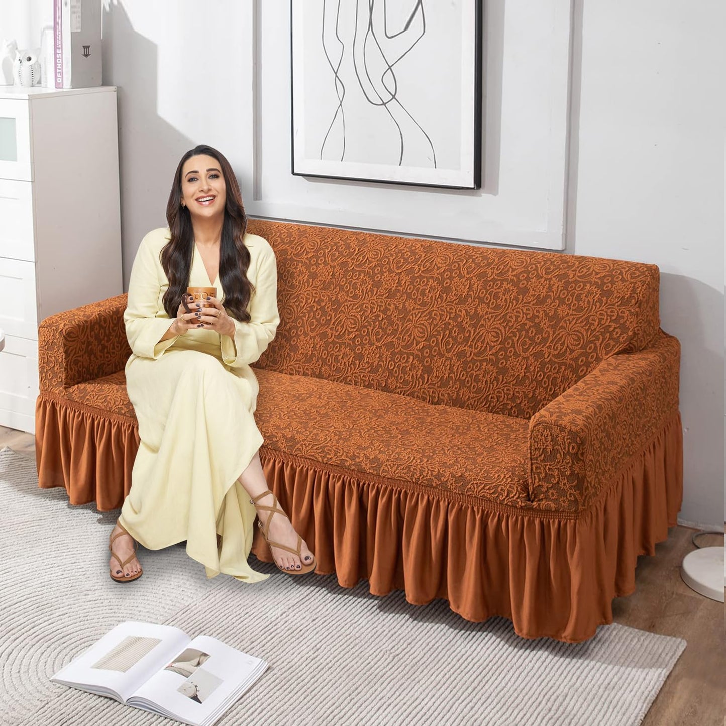Caramel Brown three seater designer woven jacquard frill sofa cover set