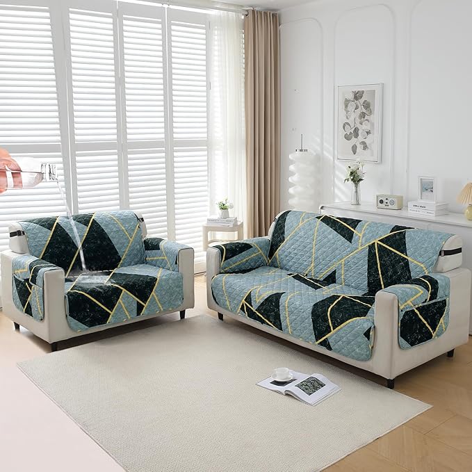 Waterproof & Quick-Dry Quilted Sofa Cover with Pockets on Armrest, Multicolor Abstract Geometry