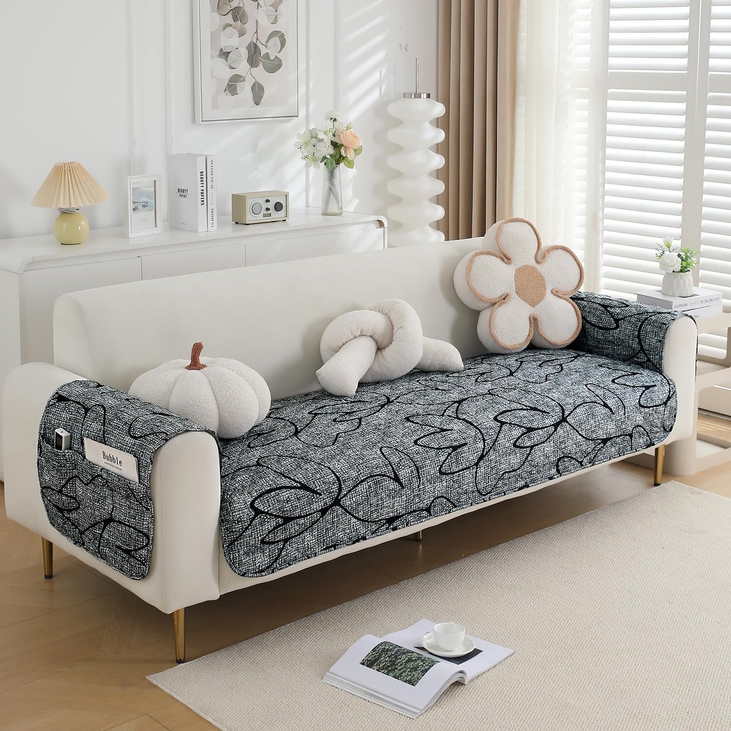 HOKIPO Waterproof Quilted Sofa Seat Mat for 1/2/3 Seater with 2 Armrest Covers with Pockets, Intense Grey Abstract Floral