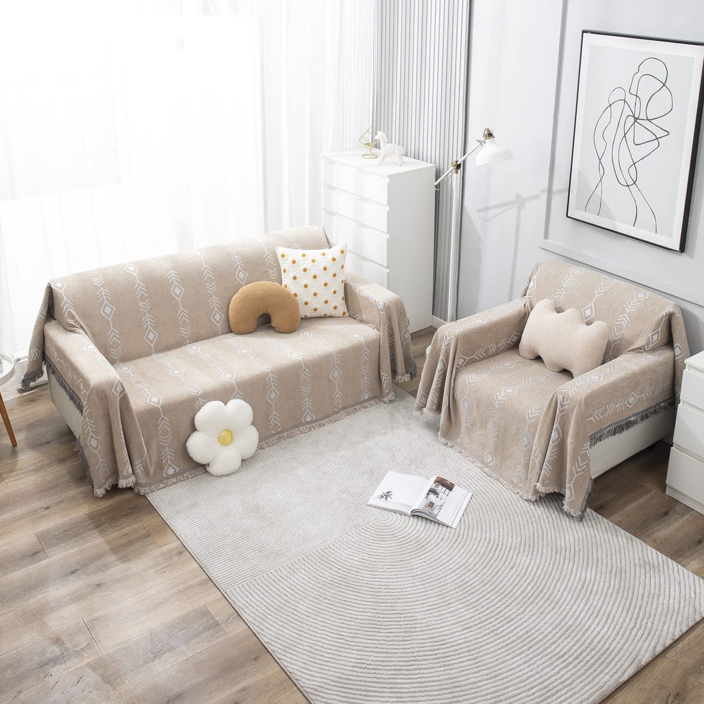 Beige Aztec, Thick, Soft and Pet Friendly Chenille Sofa Cover Throw