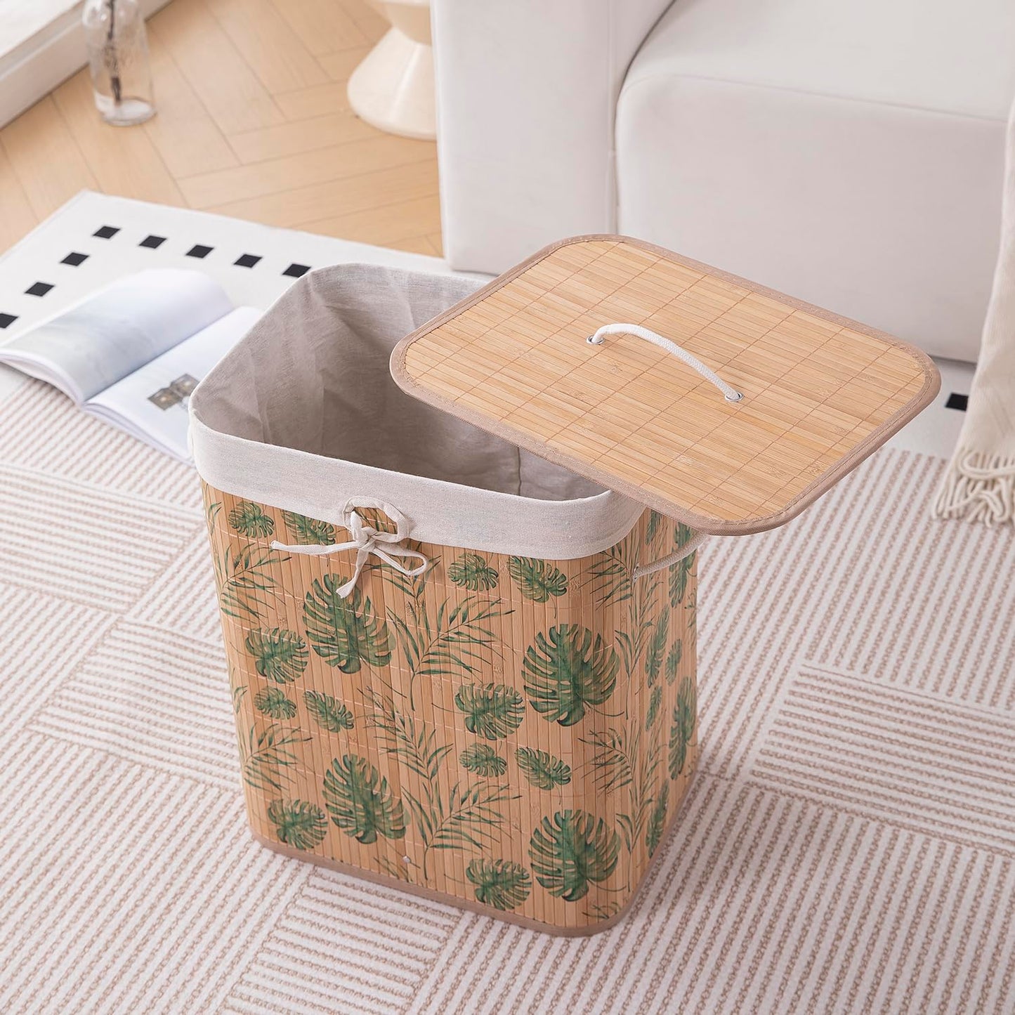 Eco-Friendly Foldable Bamboo Laundry Basket Hamper with Lid, Large - 60 Liter, Tropical Leaves