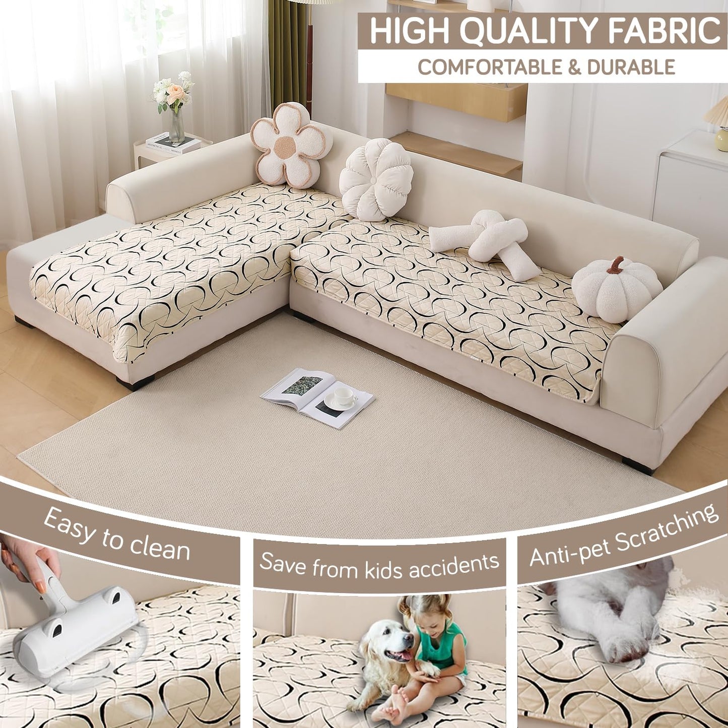 HOKIPO Waterproof Printed Quilted Quick Dry L Shape Sofa Seat Cover Mat, Natural Beige Abstract Art