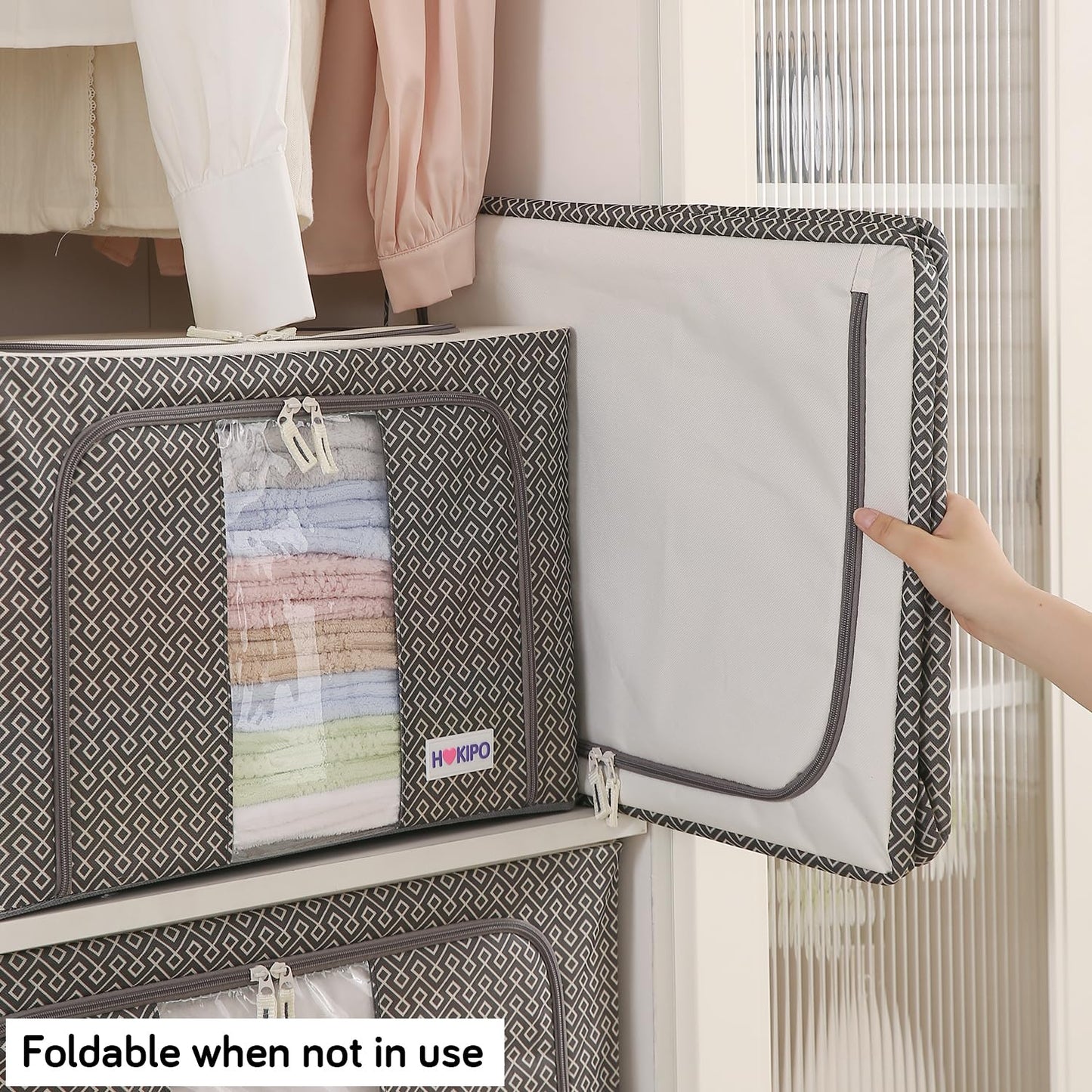Wardrobe Organizer Storage Box | Foldable Cloth Storage Boxes with Metal Frame & Window | 600D Oxford Fabric, Charcoal Grey