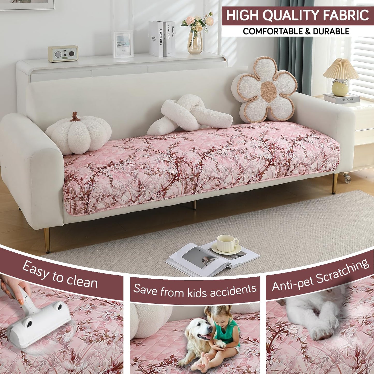 Quilted, Waterproof and Anti-Slip Sofa Cover Mat, Blossom Flower Pink