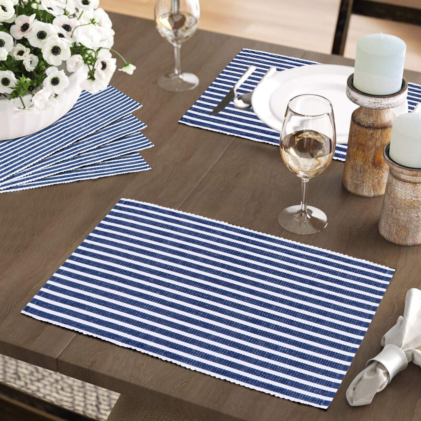 Ribbed Cotton Heat Resistant Dining Table Mat, Blue Striped