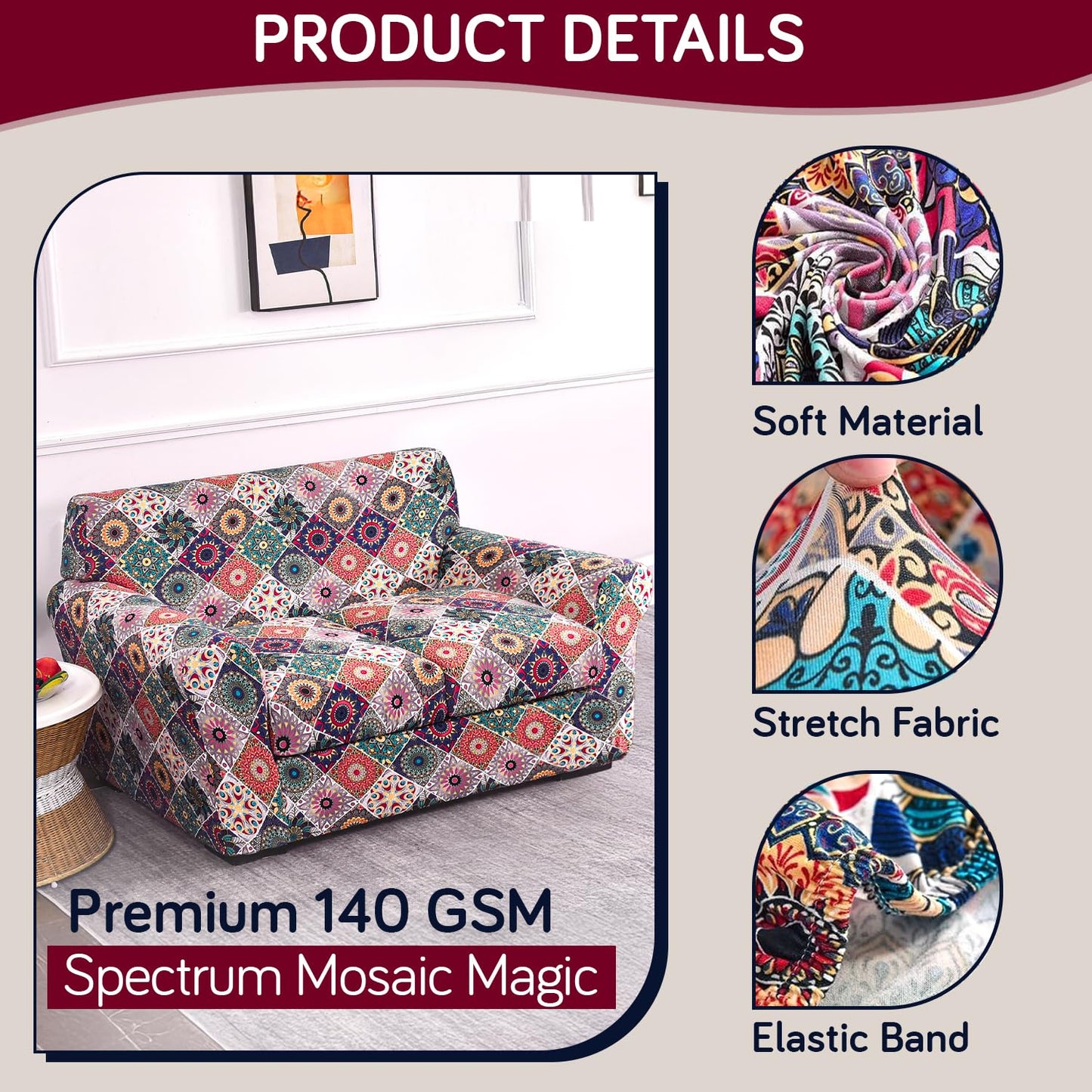 Printed Stretchable Sofa Slipcover with 1/2/3 Pc Separate Seat Cushion Cover for each 1/2/3 Seater, Spectrum Mosaic Magic