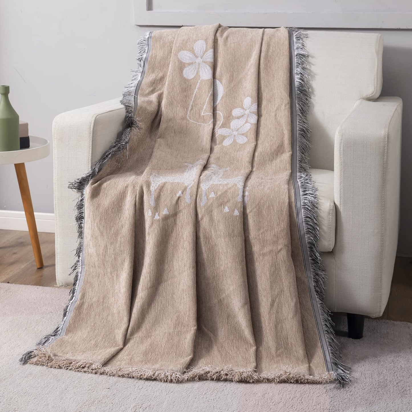 Beige Nature, Soft and Pet Friendly Chenille Sofa Cover Throw