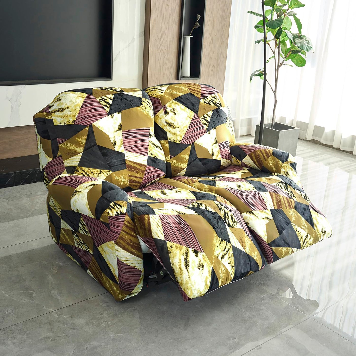 Elastic Stretchable Printed 140gsm Fully Covered Recliner Sofa Cover, Wine Abstract Geometry