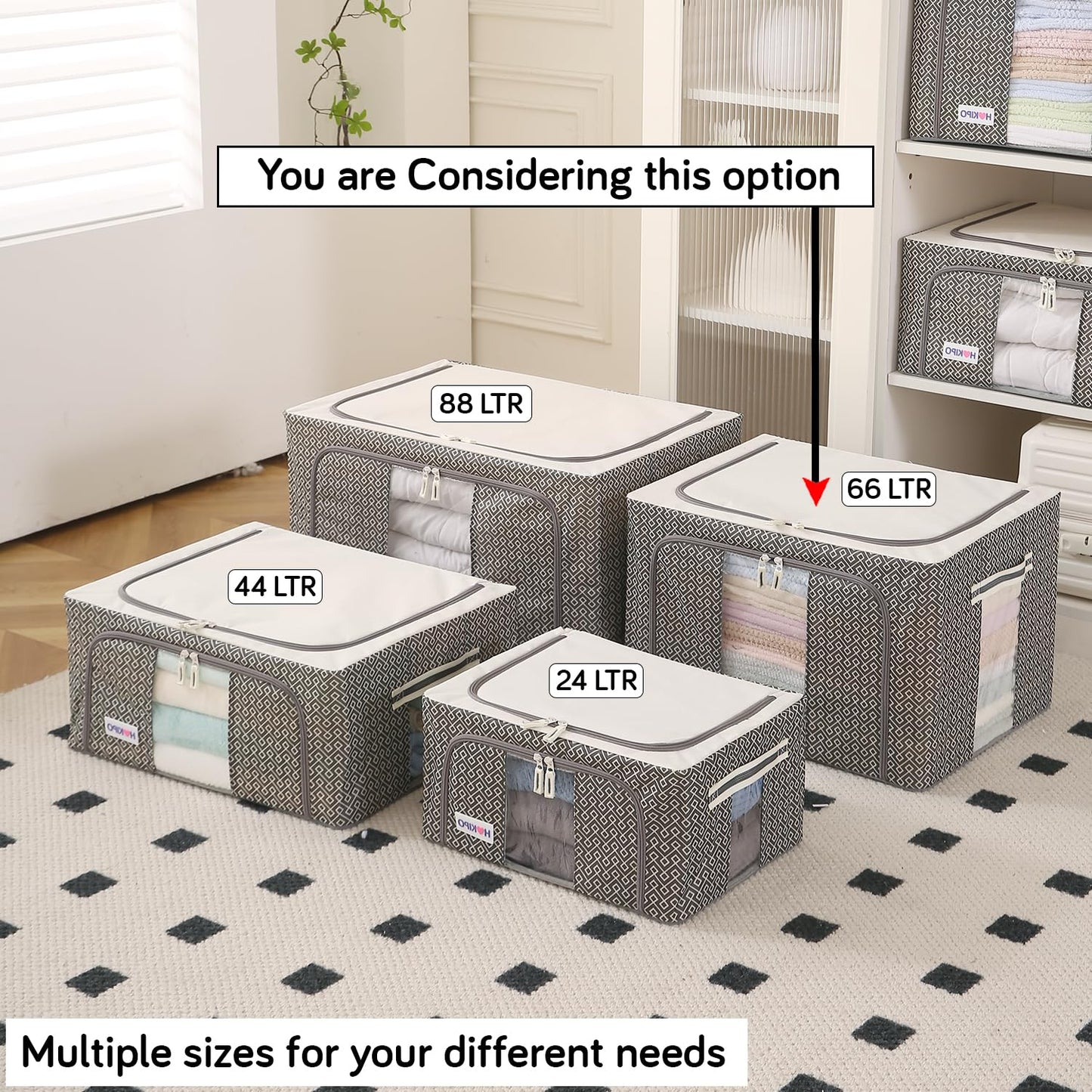 Wardrobe Organizer Storage Box | Foldable Cloth Storage Boxes with Metal Frame & Window | 600D Oxford Fabric, Charcoal Grey