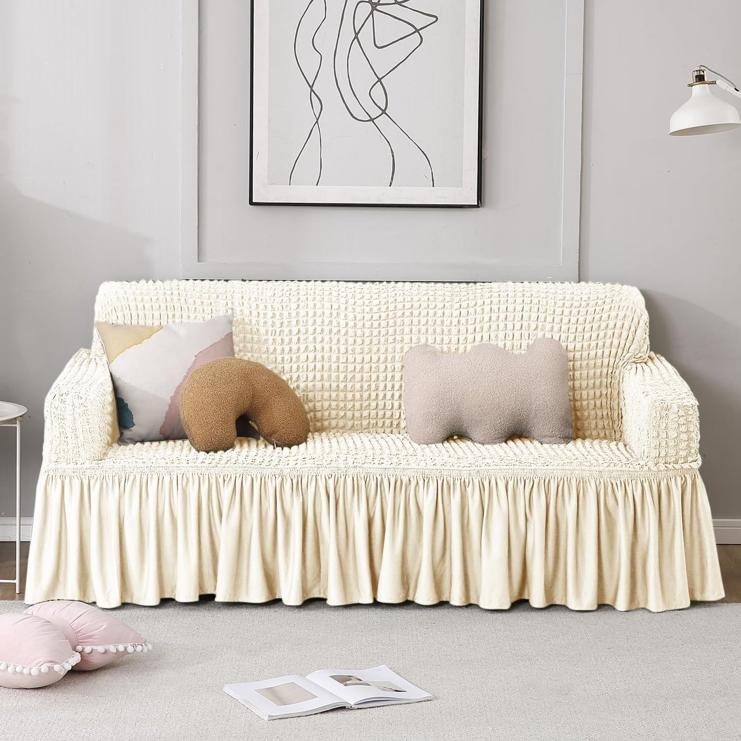 Cream 3 seater stretchable Turkish Bubble Frilled sofa cover set