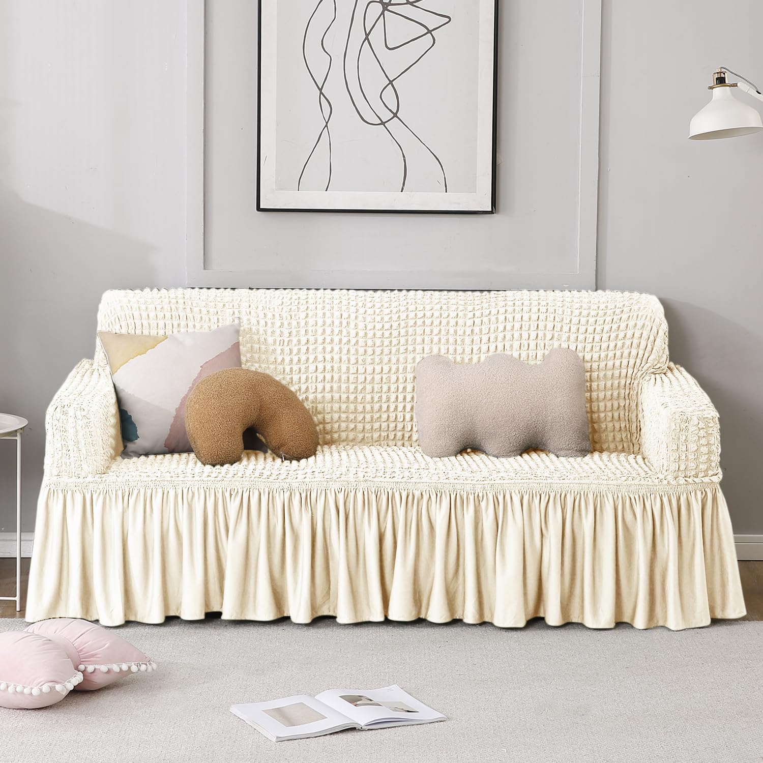 Cream 3 seater stretchable Turkish Bubble Frilled sofa cover set