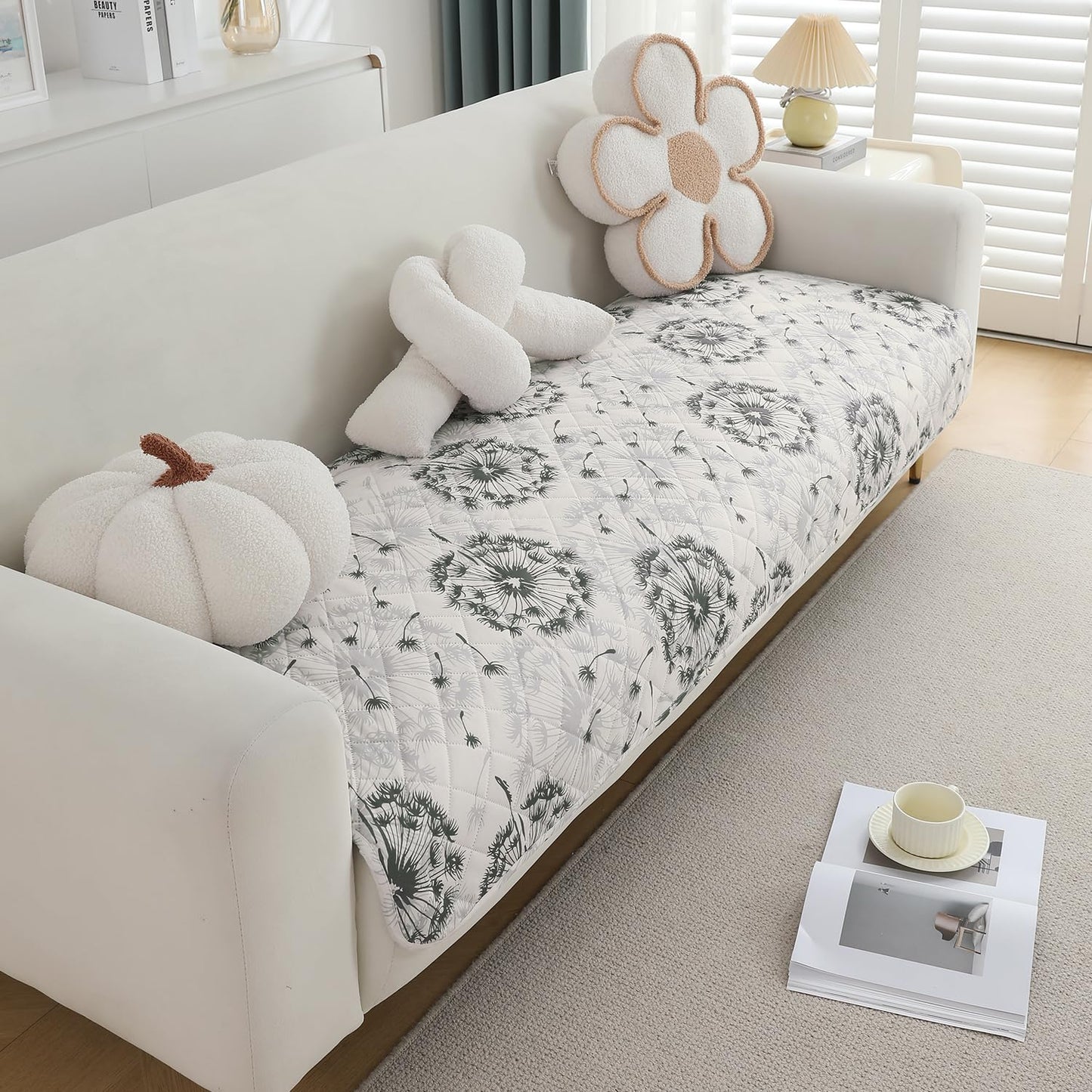 Quilted, Waterproof and Anti-Slip Sofa Cover Mat, Dandelion Anchor Grey