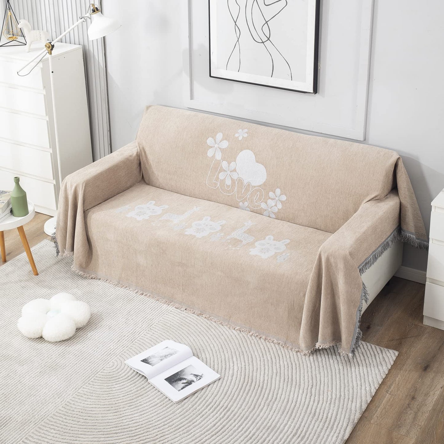 Beige Nature, Soft and Pet Friendly Chenille Sofa Cover Throw