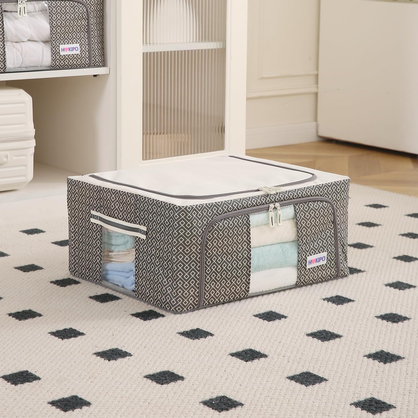 Wardrobe Organizer Storage Box | Foldable Cloth Storage Boxes with Metal Frame & Window | 600D Oxford Fabric, Charcoal Grey