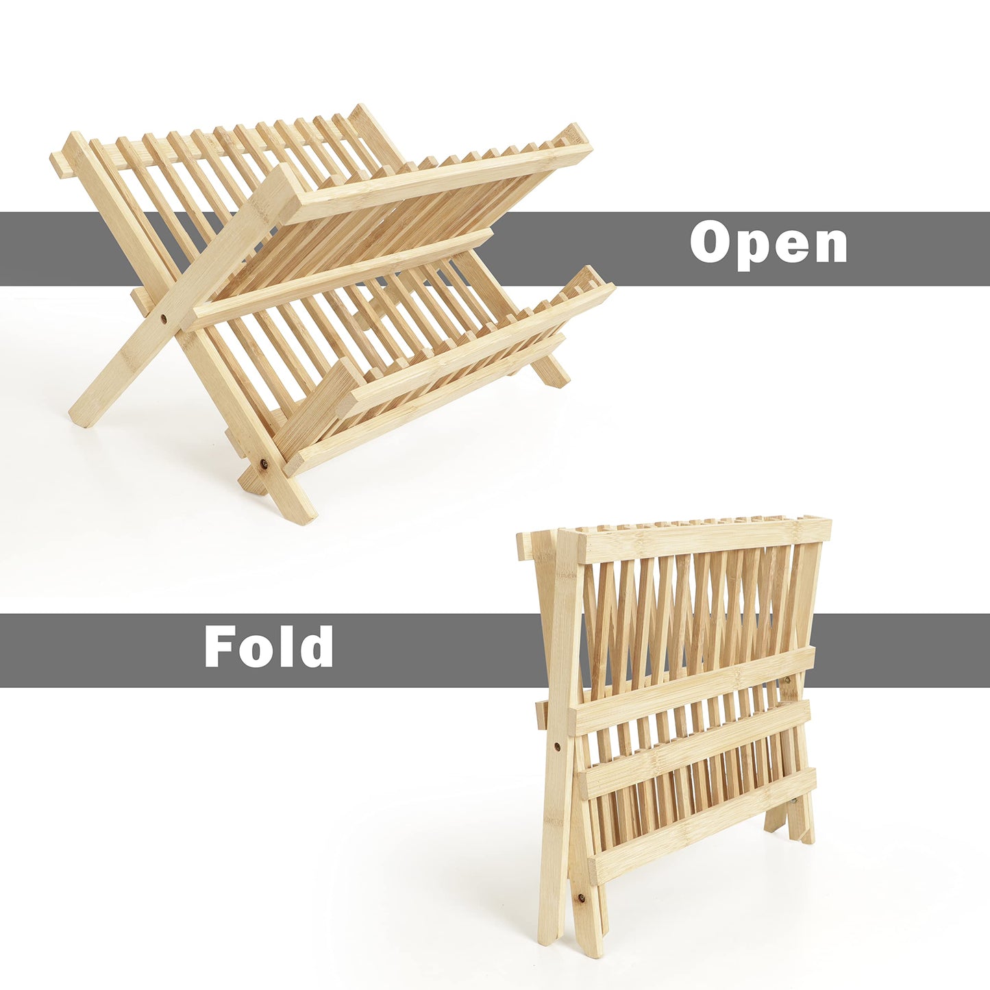 Wooden Folding 2-Tier Bamboo Plate Stands, Folded – 13x12.5x1.5", Extended – 13x9x9.5"