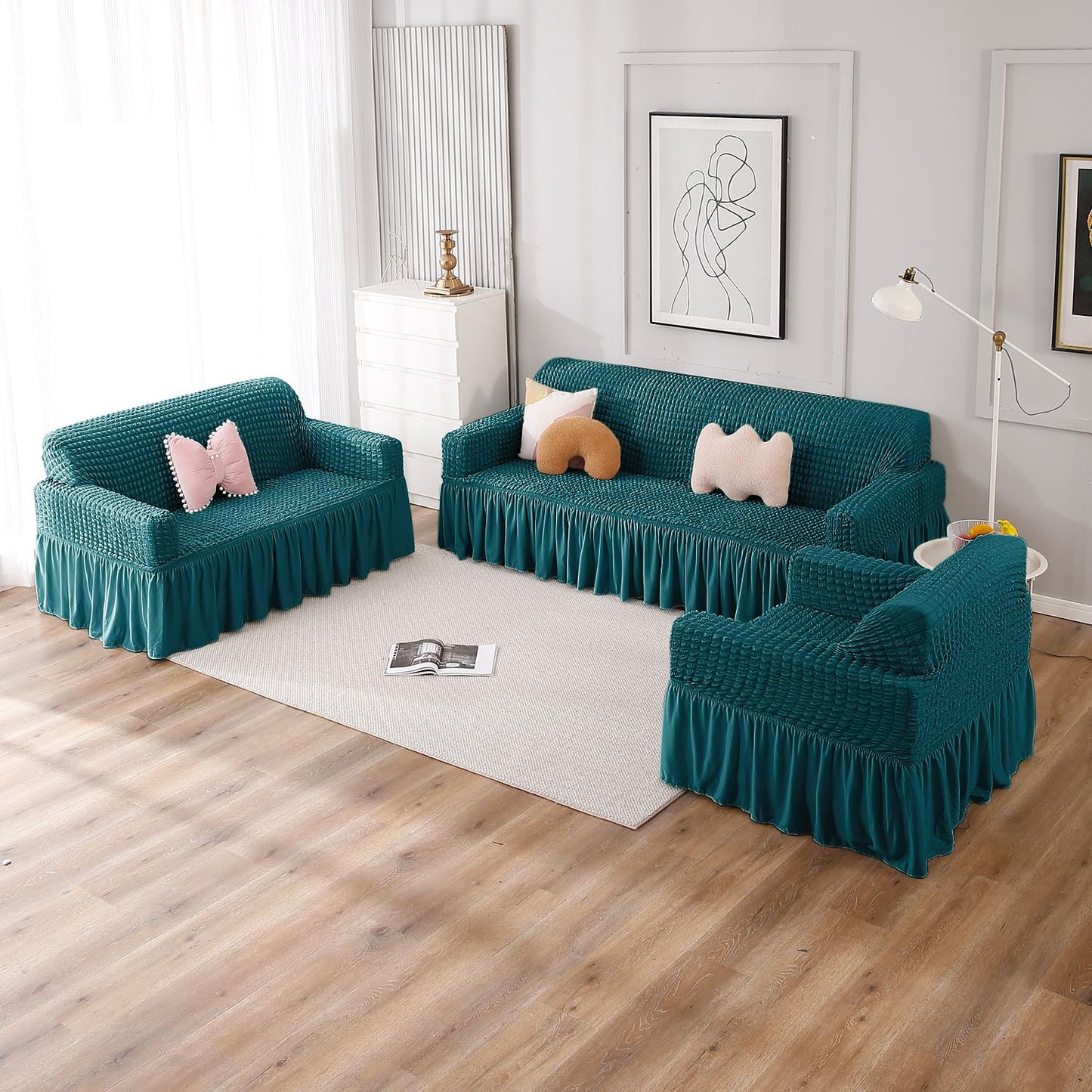 Teal Elastic stretchable Turkish Bubble frill sofa cover set available for 1, 2, 3, 4, 5, 6 & 7 seater sofas