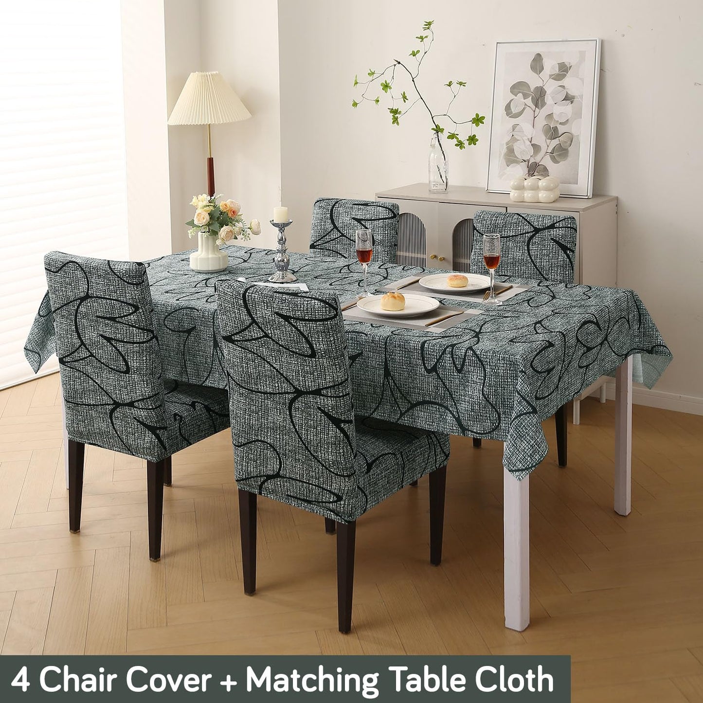 Elastic Dining Chair Covers with Matching Tablecloth, Intense Grey Abstract Floral