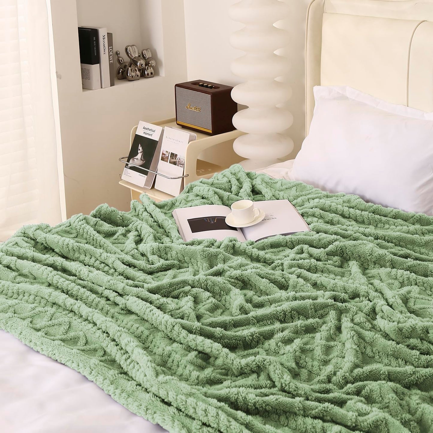 220 GSM Flannel AC Throw Blanket Double Bed Queen, 200x230 cm / 6.5x7.5 feet, Pistachio Green