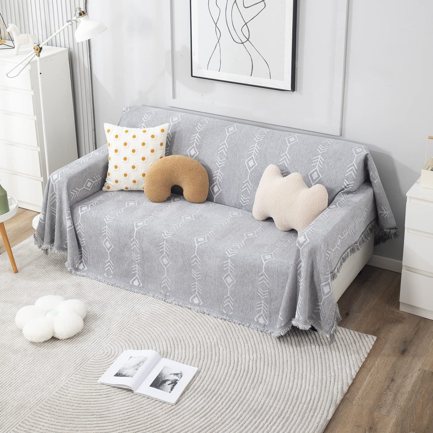 Thick, Soft and Pet Friendly Chenille Sofa Cover Throw, Grey Aztec