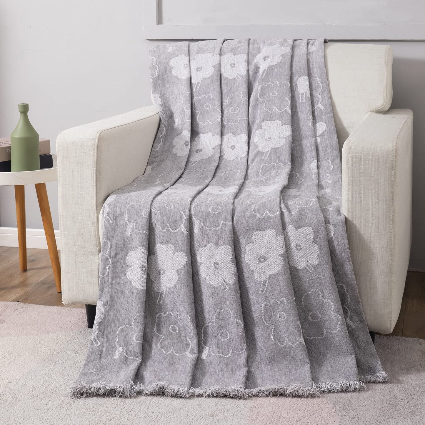 Grey Floral Chenille Sofa Throw | Thick & Soft for 1/2/3 Seater