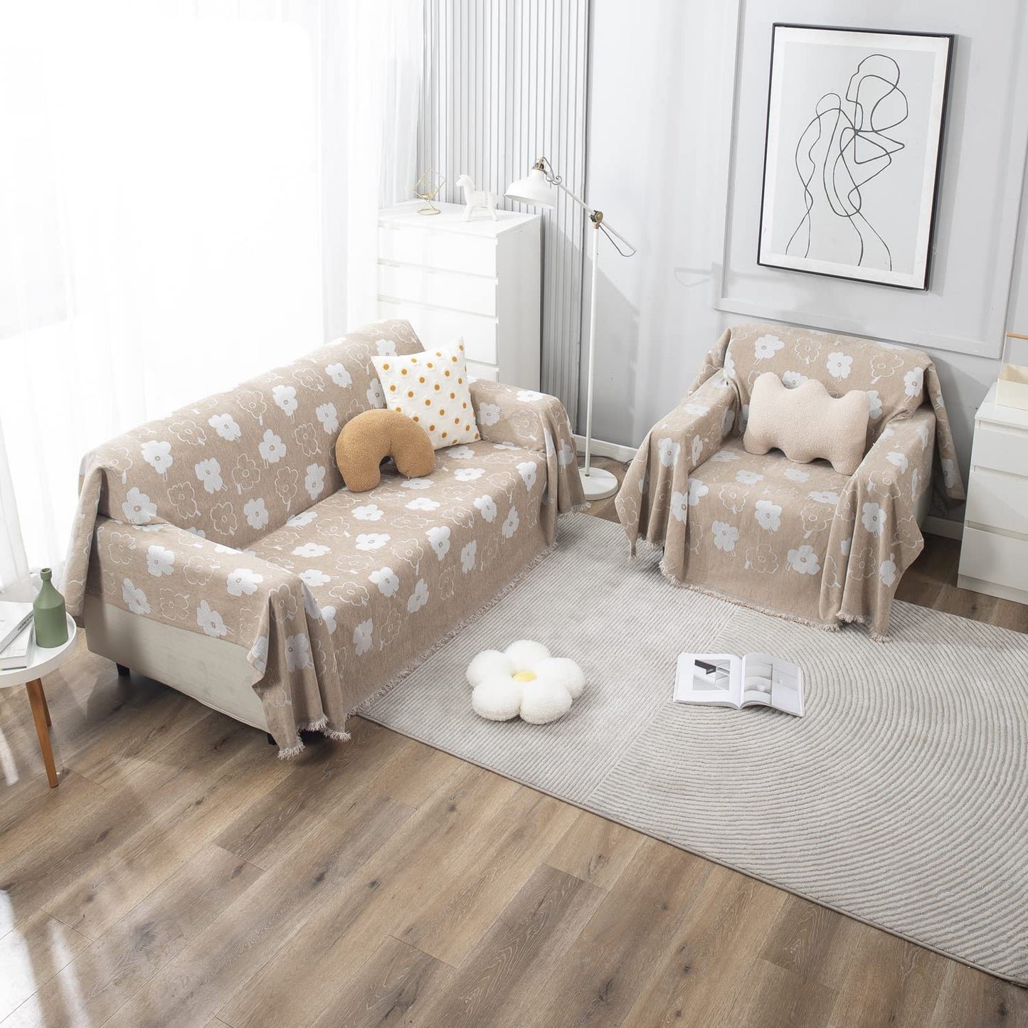 Beige Floral, Thick, Soft and Pet Friendly Chenille Sofa Cover Throw