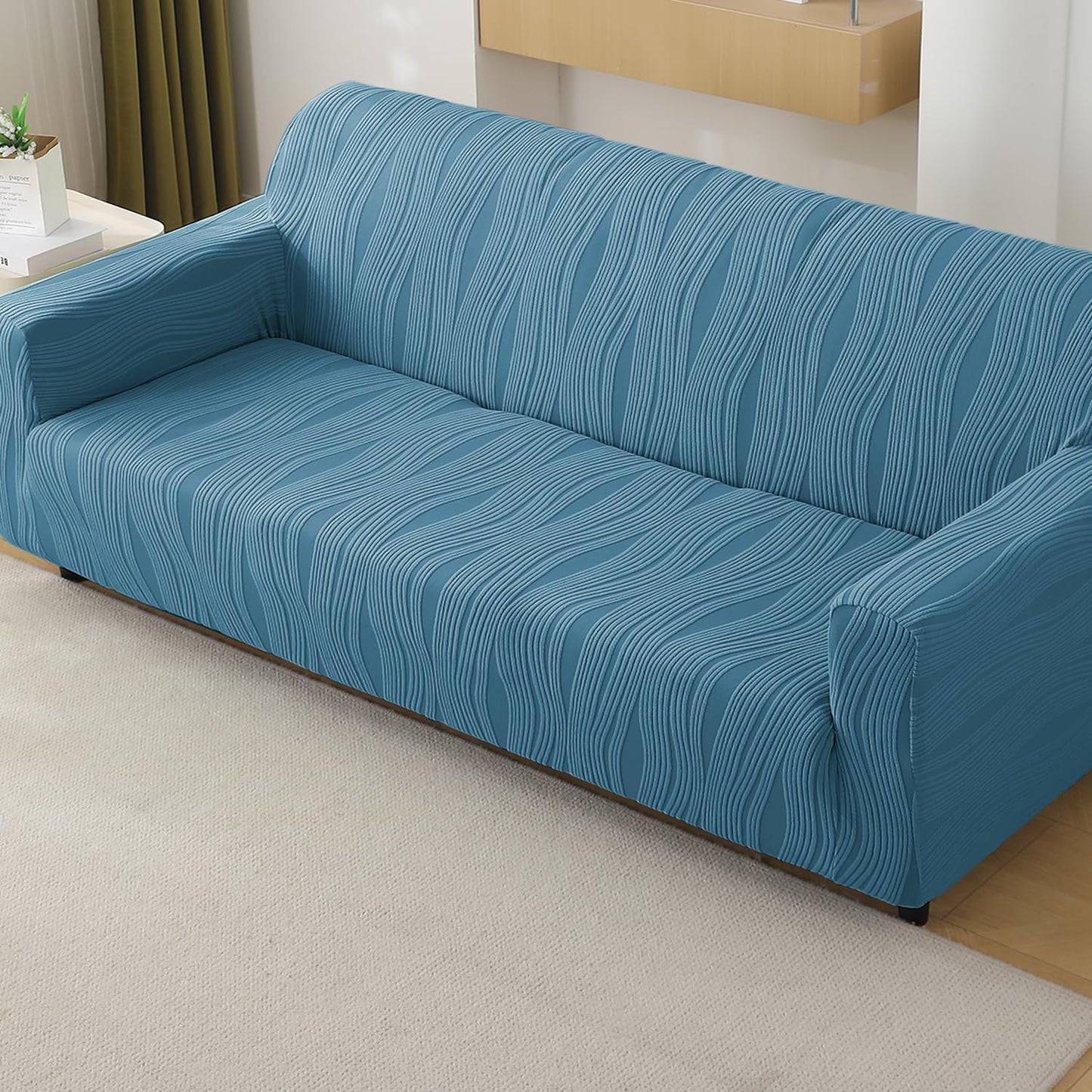 200gsm Knitting Jacquard Sofa Cover 1/2/3/4 Seater Fully Covered, Sea Blue