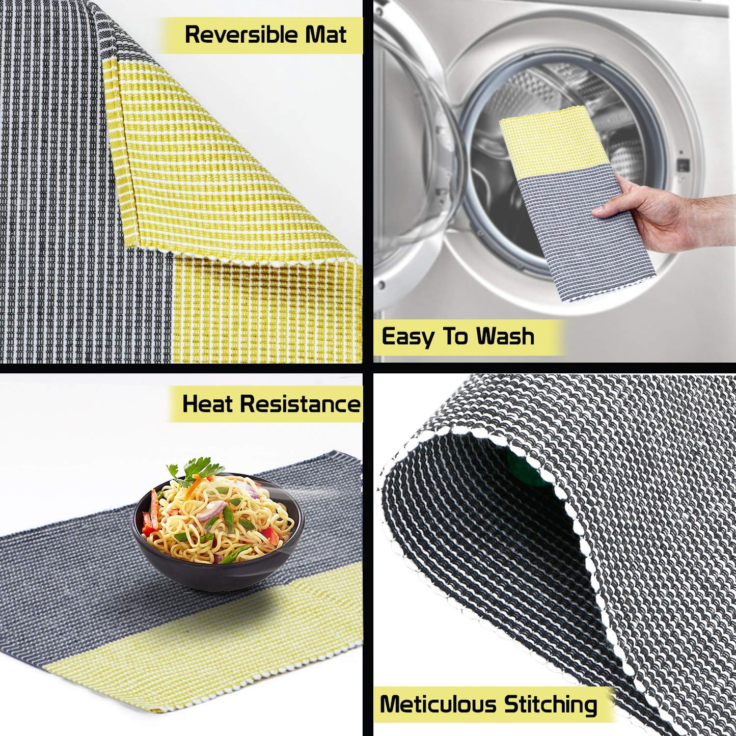 Ribbed Cotton Heat Resistant Dining Table Mat, Yellow & Grey