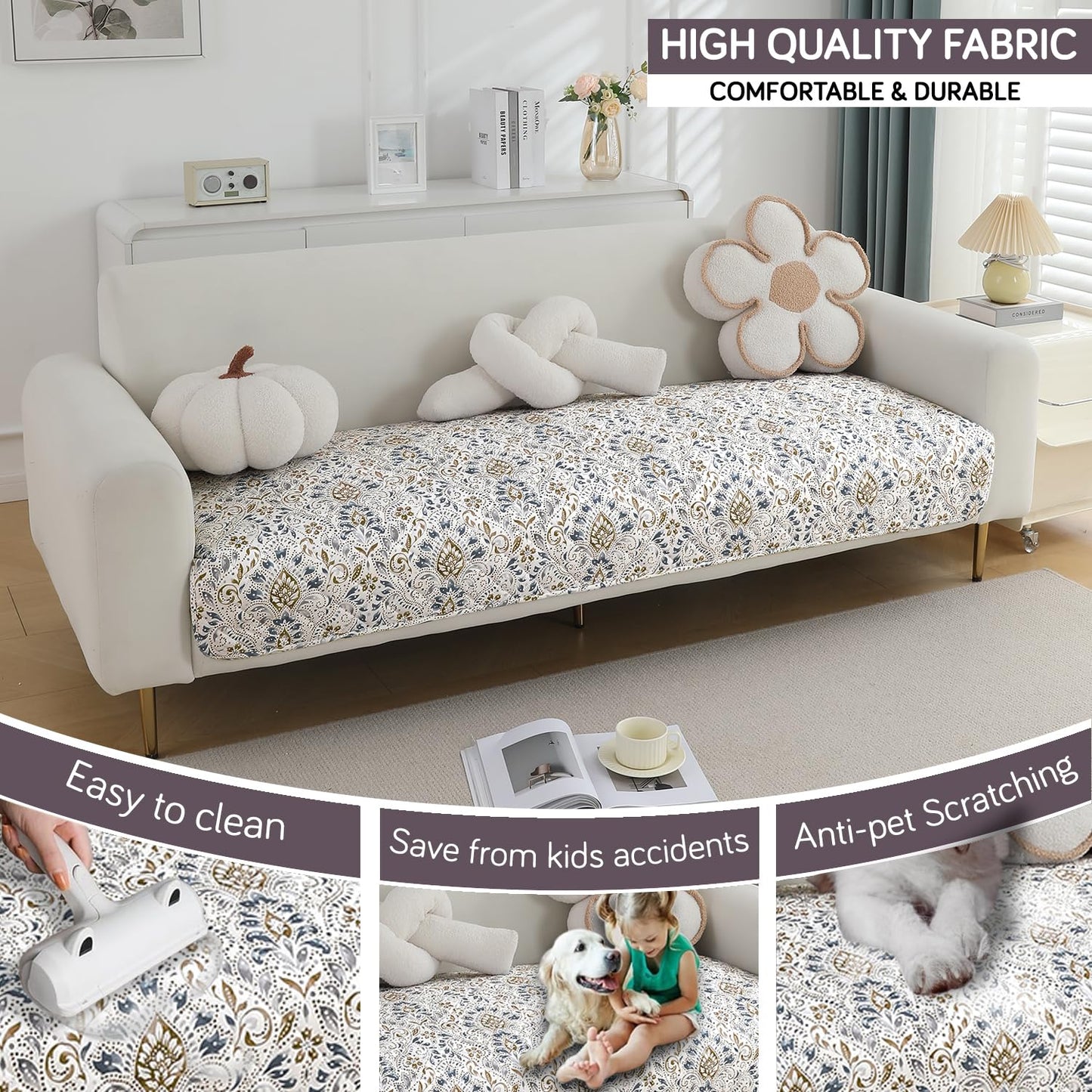 Quilted 1/2/3 Seater Waterproof and Anti-Slip Sofa Cover Mat, Damask White