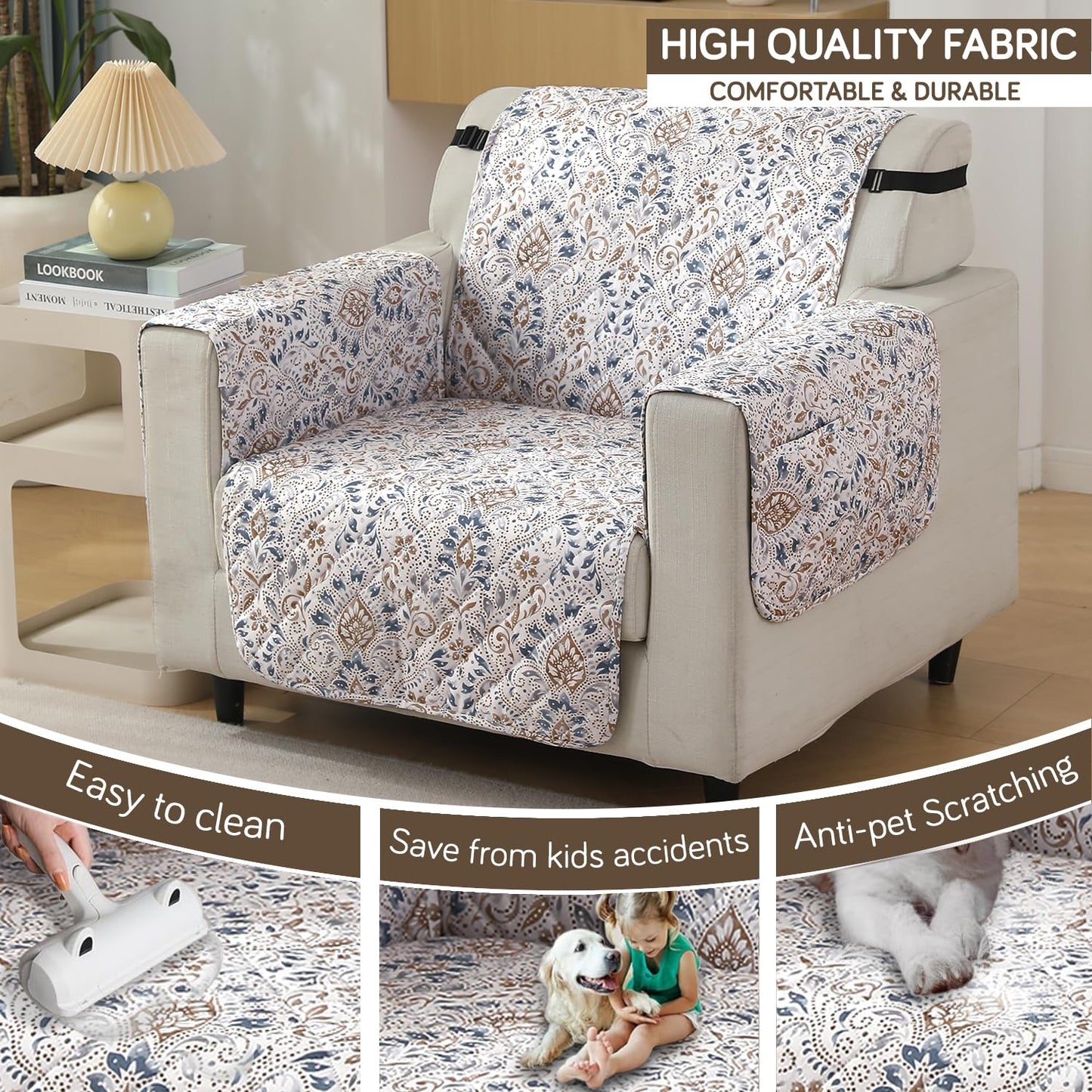 Quilted Waterproof Sofa Cover Mat with Pockets on Armrest Cover -Damask White