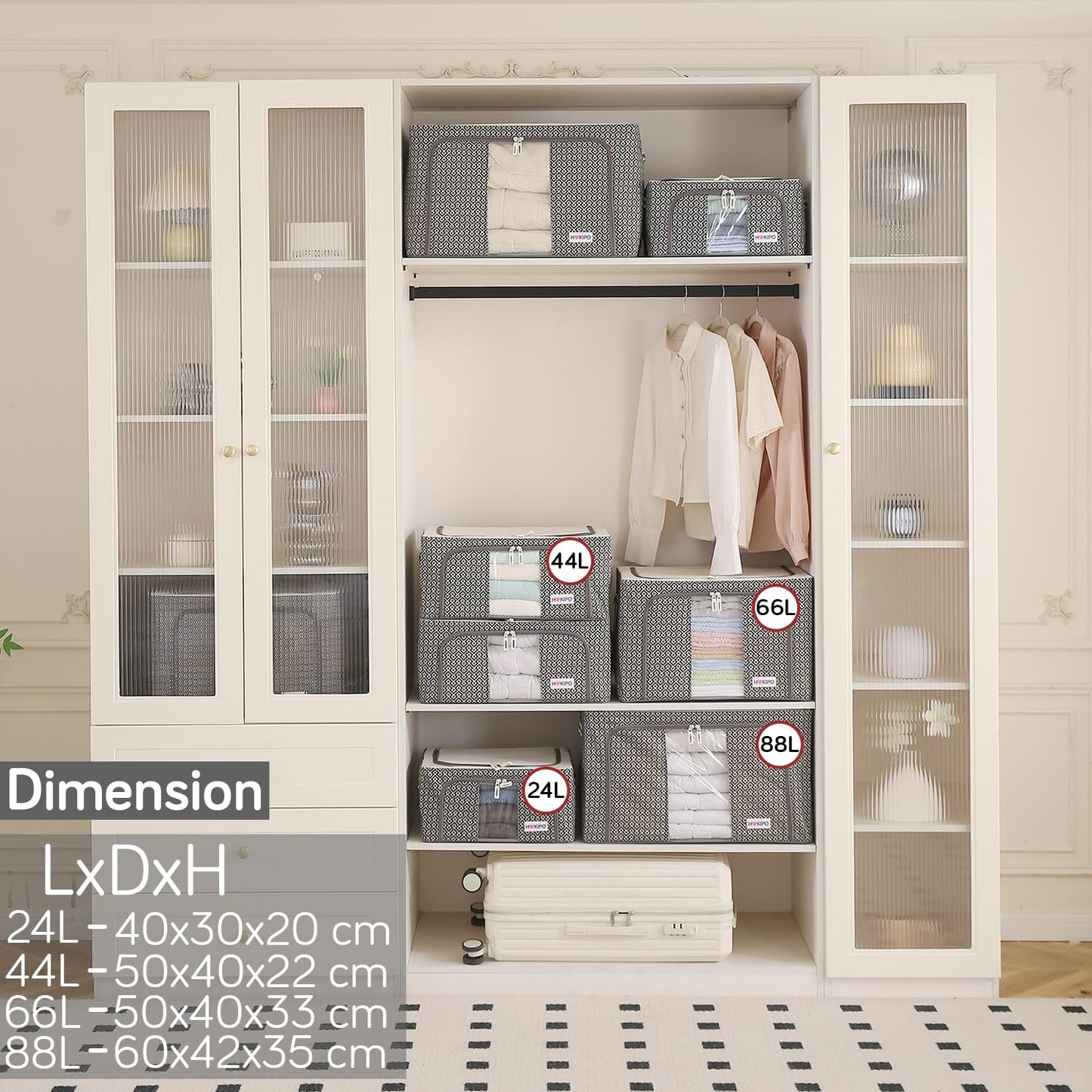 Wardrobe Organizer Storage Box | Foldable Cloth Storage Boxes with Metal Frame & Window | 600D Oxford Fabric, Charcoal Grey