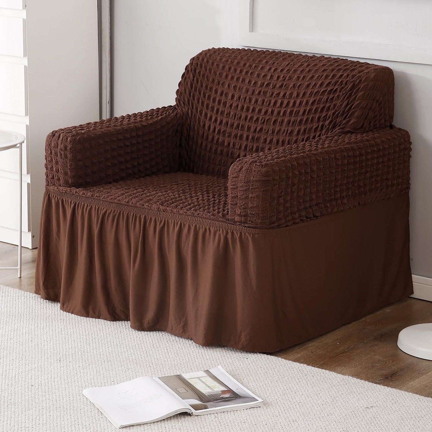 Dark Brown Elastic stretchable Turkish bubble frill Single sofa cover set