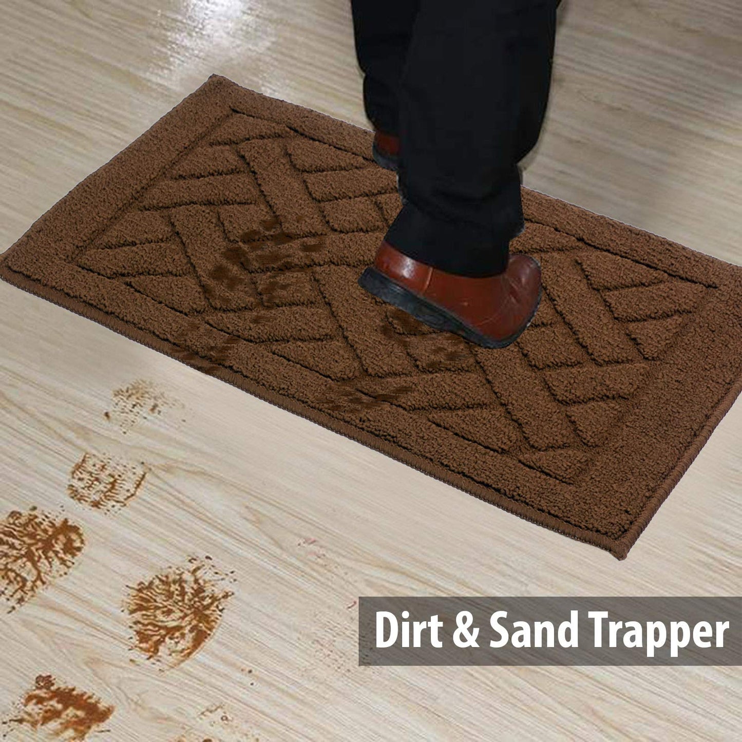 Front Door Inside and Outside Dirt Trapper Mat Polypropylene Fiber Anti-Slip Rubber Back Machine Washable Mat, Rectangular - 45 x 70 cm, Brown